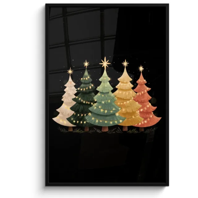 FrameYourWall Poster in lijst - Fotolijst 80x120 cm - Posters - Kerstbomen - Kleurrijk - Lichtjes - Ster - Posterlijst zwart - Decoratie - Wanddecoratie woonkamer - Muurdecoratie slaapkamer - Kerstversiering - Kerstdecoratie voor binnen - Kerstmis