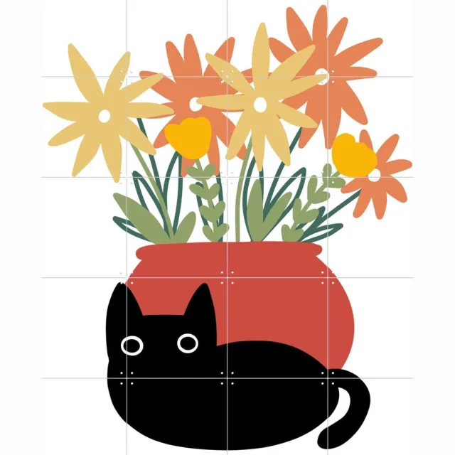 IXXI Vase with Cat, BAINAI - 80 x 100 cm - Grote wanddecoratie en posters - Grafisch Ontwerp, Cartoonesk, Fantasierijk, Illustraties, Speels Oranje