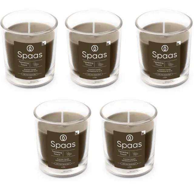 Spaas Geurkaars in glas - Set van 5 kaarsen - Sandelhout en Irisolie - circa 25u - Twinkling Touch Kaki