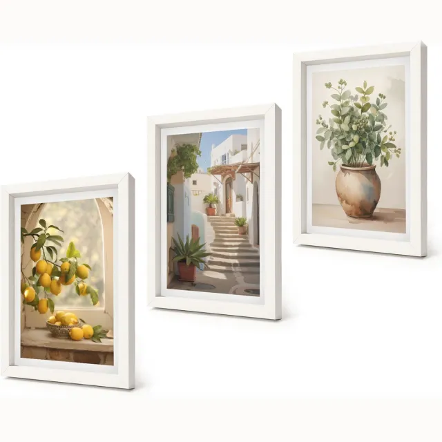 Coloray 3-Delige Schilderij Set - Citroenen in een vaas en planten in een witte architectuur - 20x30 - Stijlvolle Muurdecoratie - Slaapkamer Witte lijst