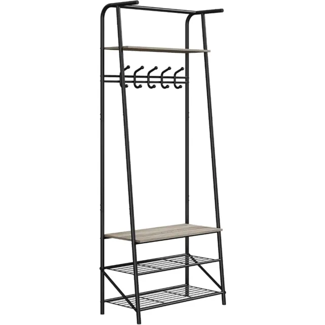 Triumpunpre Kapstok met schoenenbank – 5 haken, enkele rij – Multifunctioneel halmeubel – Hout- en metaalstijl – Voor hal, gang, slaapkamer – Enkele haak 60 cm, grijs