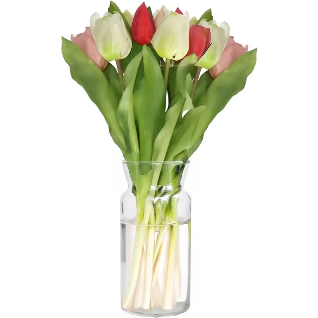 Bellatio Design Kunst tulpen boeket Vermeer - 7x stuks - roze/creme - real touch - 31 cm Donkerroze