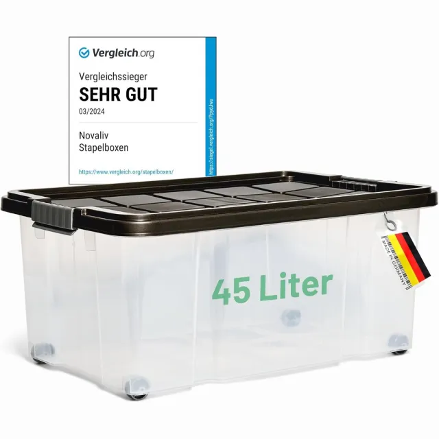 Novaliv opbergbox met deksel, groot, 45L, antraciet. Stapelbare kunststof box met clipsluiting. Eurobox met deksel, BPA-vrij, 61x40x26 cm.