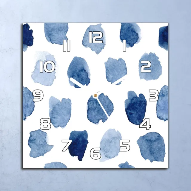 Coloray Wandklok - Abstracte vlekken Glazen Klok - 30x30 cm - Blauw Wandklok - Wandklok Vierkant - Wandklok Scandinavisch - Wandklokken Woonkamer - Stille Wandklok Blauw - Abstracte vlekken - Witte Handen