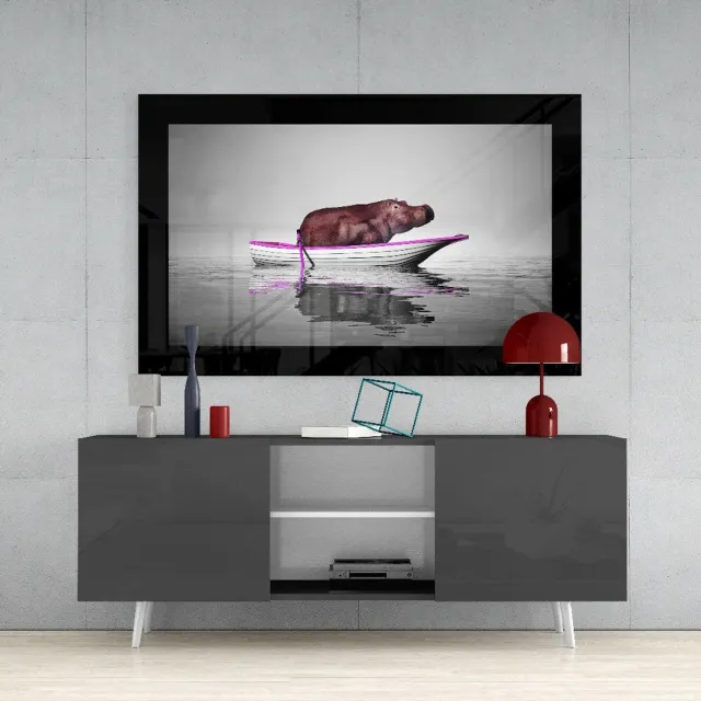 Insigne Art Glasschilderij – Nijlpaard in Roze Afgewerkte Boot op Grijs – Abstracte Wandkunst