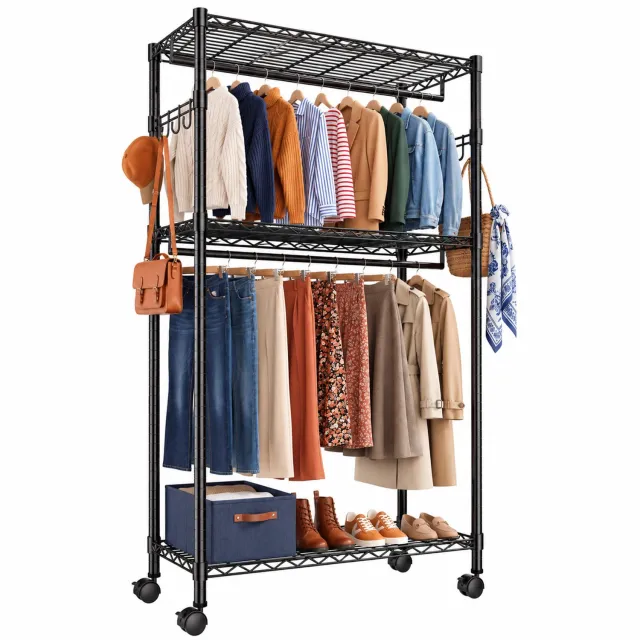 Hokeeper Kledingrek - Metalen Kledingrek met Dubbele Kledingstang - 90 x 40 x 200 cm - 1.8 m Dubbele Stang - 180 Kledingstukken - In Hoogte Verstelbaar - Kantelbeveiliging zwart