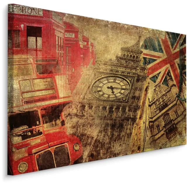 karo-art Schilderij - Iconen van Londen in Vintage Stijl, Premium Print Multikleur