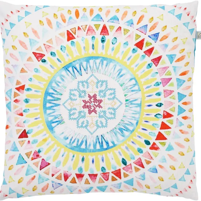 Dutch Decor PASCAL - Sierkussen 45x45 cm - geborduurd patroon - aztec - aqua - blauw - geel - rood - roze - wit - 100% katoen - Inclusief binnenkussen