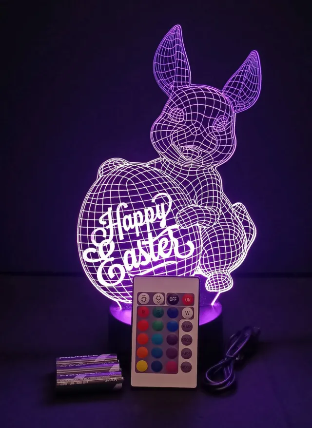 Lumiasfer Nachtlamp 'Happy Easter' - LED lamp - 3D Illusion - 7 kleuren en 4 effecten - vrolijk pasen transparant;zwart