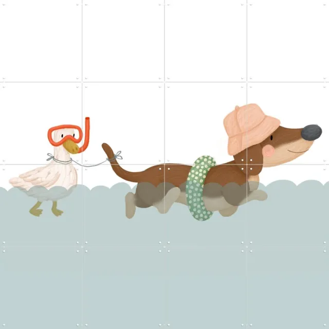 IXXI Swimming Dachshund, Studio Phie - 80 x 80 cm - Grote wanddecoratie en posters - Digitale Kunst, Illustraties, Speels, Cartoonesk, Babykamer Blauw