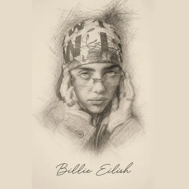 Billie Eilish Poster Ingelijst – 23x33cm – Handgetekend Portret – Met Zwarte Lijst – Muziek Poster Wanddecoratie