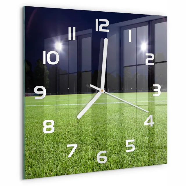TULUP Wandklok - Voetbalveld Decoratieve Glazen Klok - 30x30 cm - Groente Glazen Wandklok Design - Witte handen - Vierkante Klok - Glazen Klok Met Print - Wandklok Glas Met Motief