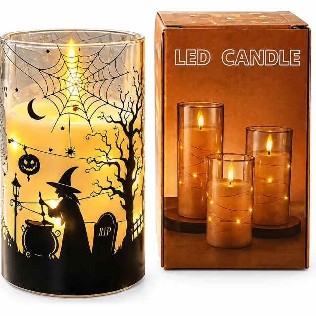 SWGOTA led kaarsen voor Halloween - 1 stuk, 7,5 × 15 cm, warm licht met lichtsnoer en vlameffect, in doos, zonder batterijen Theebruin