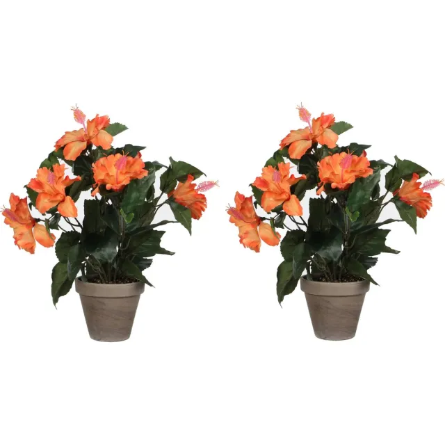 Mica Decorations Kunstplant Hibiscus - 2x stuks - oranje - H40 x D30 cm - grijze pot - nepplant - Kunstplanten/nepplanten met bloemen