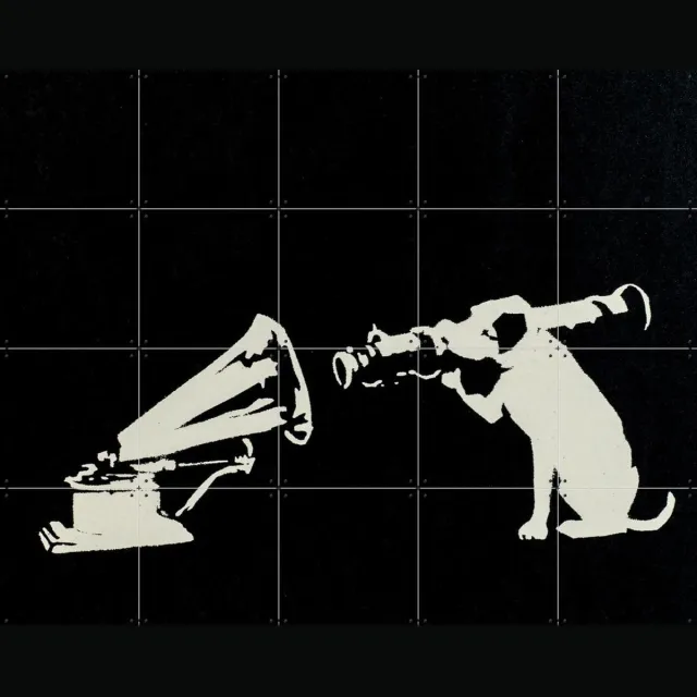IXXI HMV, Banksy - 100 x 80 cm - Grote wanddecoratie en posters - Illustraties, Houtsnede, Pop art, Street art, Mancave, Woonkamer, Muziek, Grappig Zwart / Zwart en wit / Donkere tinten / Monochroom