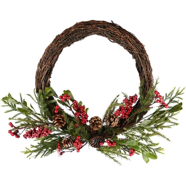 dekoratief Krans m/besjes/dennenappels, groen/rood/naturel, 46x61x11cm | A225492
