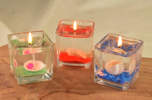 MilaNNE Set van 3 stuks GELKAARSEN in Zee thema, compleet met schelpen en gekleurd zand - hoogte: 6 cm BEKIJK VIDEO Transparant