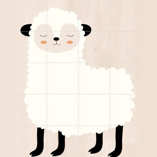 IXXI Wooly Sheep, Little Otja - 80 x 100 cm - Grote wanddecoratie en posters - Illustraties, Cartoonesk, Digitale Kunst, Speels, Grafisch Ontwerp Wit / Beige / Roze