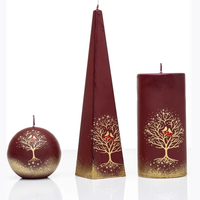 Jakelis Kaarsen - Set - Handgeschilderd - goudkleur met boom - kerst - kaars - kerstverlichting Bordeaux