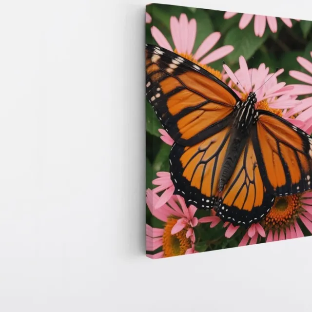 Saammp Canvas Schilderij -Vlinder bij roze bloemen - Dieren - Natuur - 30x30 - Foto op canvas - Wanddecoratie - muurdecoratie Woonkamer - Slaapkamer decoratie - Canvas Print Multicolor