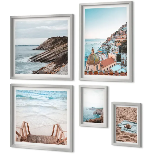 Coloray 5-Delige Schilderij Set - Meer Met Boten, Herten En Berglandschap - 20 x 30 cm - Stijlvolle Wanddecoratie - Interieur - Interieur Decoratie Zilveren lijst