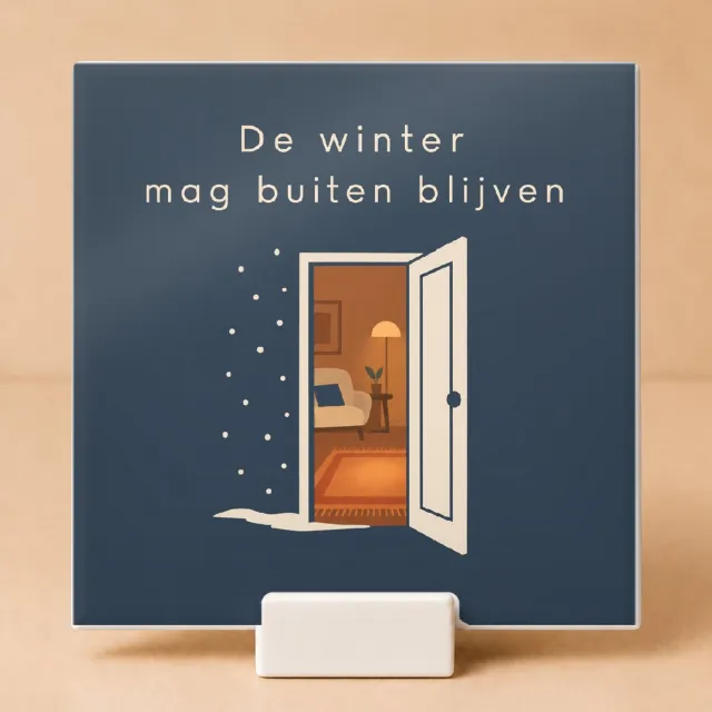 Bedruk King Sfeervolle Winterse gloed in huis Tegel – Minimalistische one-line art decoratie voor eigentijdse woonkamers - 15 x 15 cm met houder Wit
