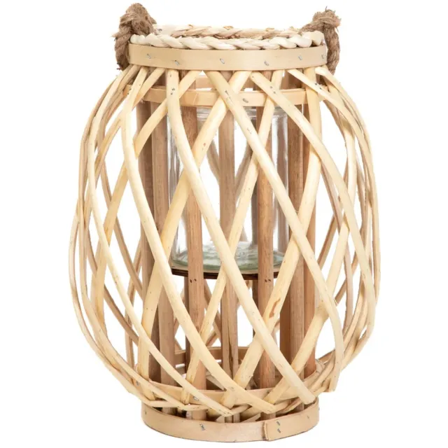 Homla Lagge Lantaarn Gevlochten - Decoratieve Windlicht Lantaarn - Natuurlijke Sfeerverlichting - Boho & Scandinavisch Interieur - Houten Kaarsenhouder - 30 cm - Naturel