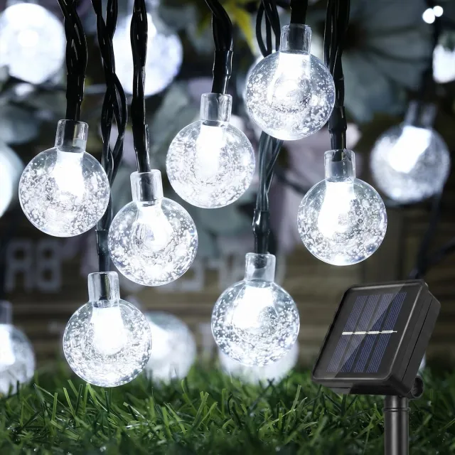 Rosnek Solar Lichtsnoer Buiten - Lichtslinger met 50 LED Kristallen Bollen - 9.5 Meter - 8 Standen met Geheugenfunctie - Tuinverlichting op Zonne-energie - IP44 Waterdicht - Wit
