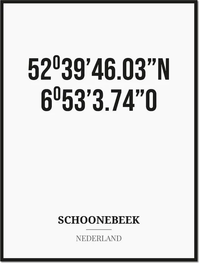 Studio216 Poster/kaart SCHOONEBEEK met coördinaten zwart, wit