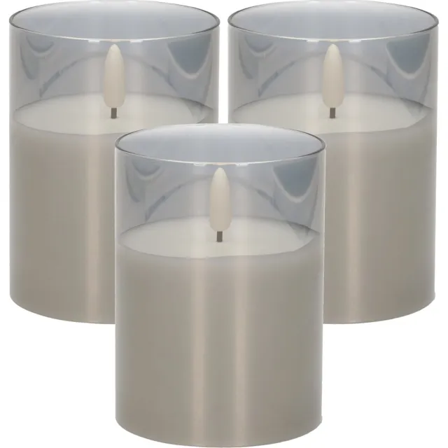 Cepewa LED Kaars - 3x stuks - met timer - grijs - glas - 7 x 10 cm - met timer - Woondecoratie - Elektrische kaarsen