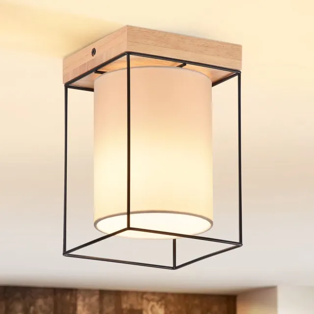 NETTLIFE Plafondlamp Hout – E14 Fitting - 1-Lichts - met Stof Lampkap - Vintage Ganglamp – voor Slaapkamer | Woonkamer – Max. 40 W-excl. lichtbron Zwart