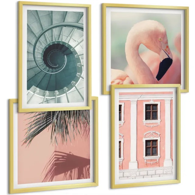 TULUP 4-Delige Schilderij Set - Pastelkleurige architectuur en spiraalpatronen - 40 x 40 cm en 40 x 60 cm - Moderne Wanddecoratie - Slaapkamer - Decoratieve Schilderijen Gouden lijst