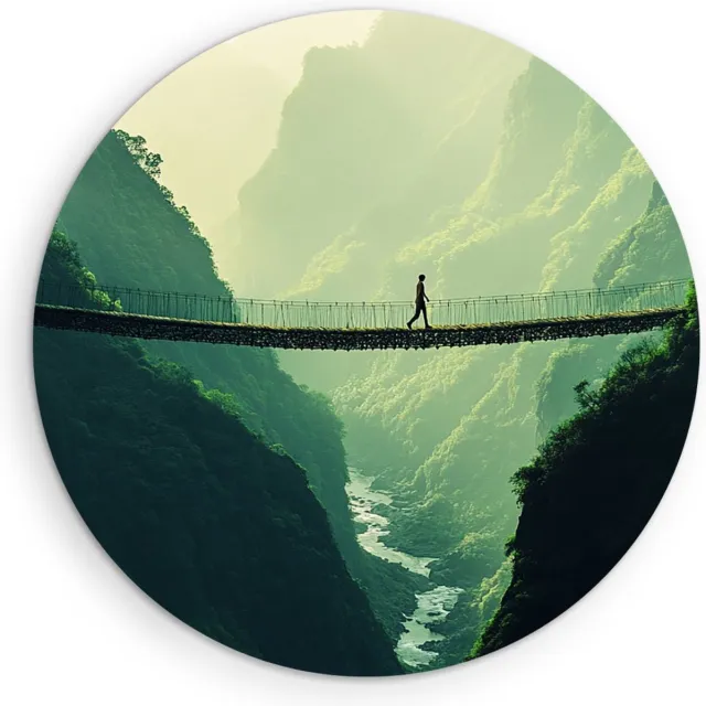 Saammp Muurcirkel Hout - Touwbrug met persoon - Landschap - Natuur - Ø 60 - Wandcirkel - Wanddecoratie Cirkel - Muurdecoratie Woonkamer - Slaapkamer decoratie - Rond Schilderij