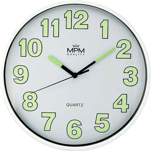MPM Quality Lumini Wandklok - Wandklok met luminescentie, quartz uurwerk Sweep, wit/groen, wanddecoratie ∅ 247x45 mm, ronde design wandklok modern voor woonkamer, keuken, kantoor, slaapkamer, voor elke kamer
