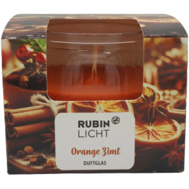 Rubin Licht Winter Geurkaars in Glas Orange Zimt - Rubin Licht | 1x 80g - Sinaasappel Kaneel - Kerst Winter Geur | Brandduur: 18 uur Donkeroranje