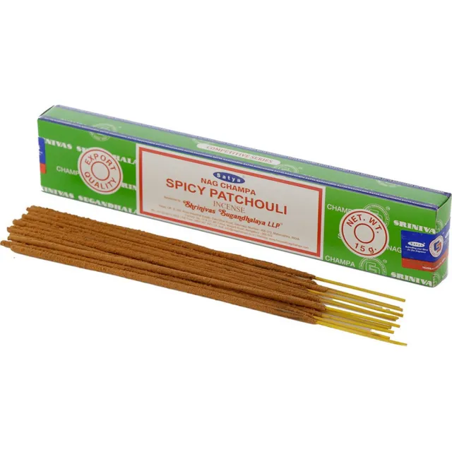Satya Nag Champa wierrook stokjes Patchouli geur - 15x - Lichaam in balans - Meditatie - staafjes van 21 cm - 30 minuten Multi