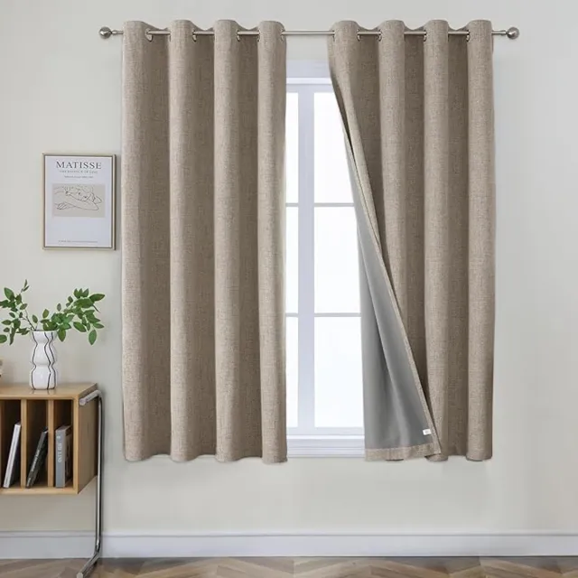 Famanu Gordijnen, set van 2 stuks, in linnenlook, 100% ondoorschijnend, met inslagringen, verduisteringsgordijn, warmte-isolerend, warmte-werend, voor de slaapkamer, woonkamer, 140 x 175 (b x h)