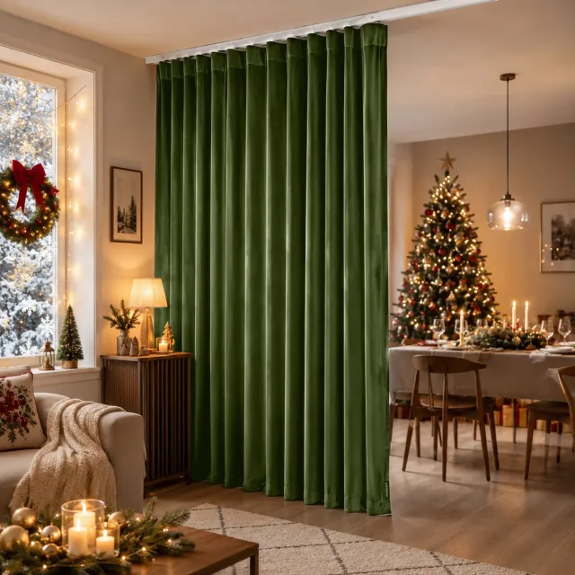 MUPOO Gordijn met Flexibele Plafondrail en 1 Paneel - Scheidingsgordijn van Polyesterfluweel met 60% Lichtdemping - Velours Gordijn voor Slaapkamer, Woonkamer en Kast - Donkergroen - 254 x 274 cm - 1 Stuk