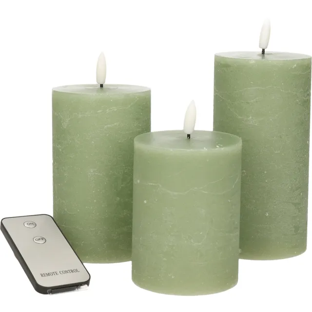 Anna's Collection LED Stompkaarsen met afstandsbediening - 3x - jade groen - 10/12.5/15 cm Olijf groen