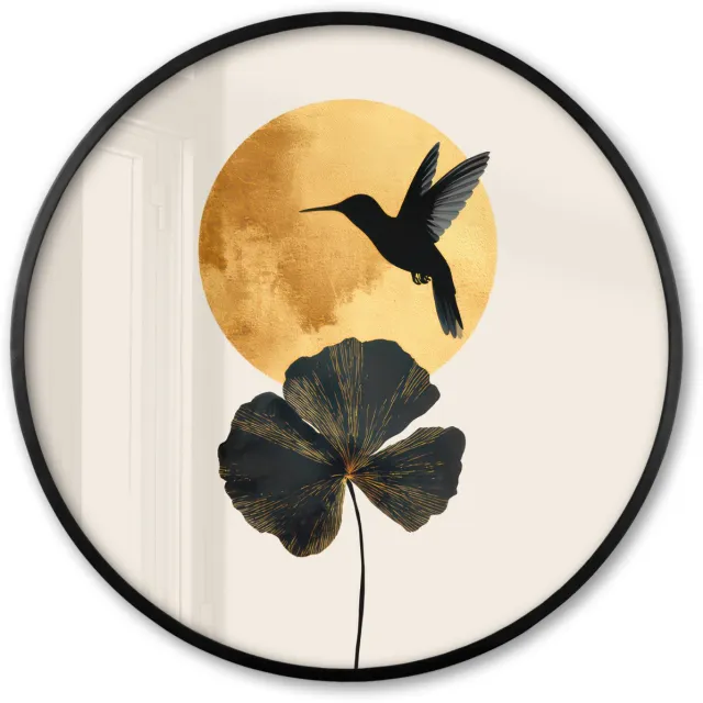 FrameYourWall Poster in lijst Rond - Fotolijst 80x80 cm - Posters - Zwarte kolibrie - Bloem - Gouden cirkel - Ronde posterlijst zwart - Decoratie - Wanddecoratie woonkamer - Muurdecoratie slaapkamer Kolibrie - Bloem - Cirkel