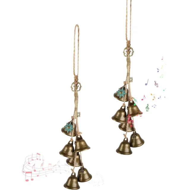 KZQ 2-delige handgemaakte messing bellen met jute touw en sleutelmotief - Decoratieve windgong voor deur en krans - Vintage stijl voor binnen en buiten - Goud