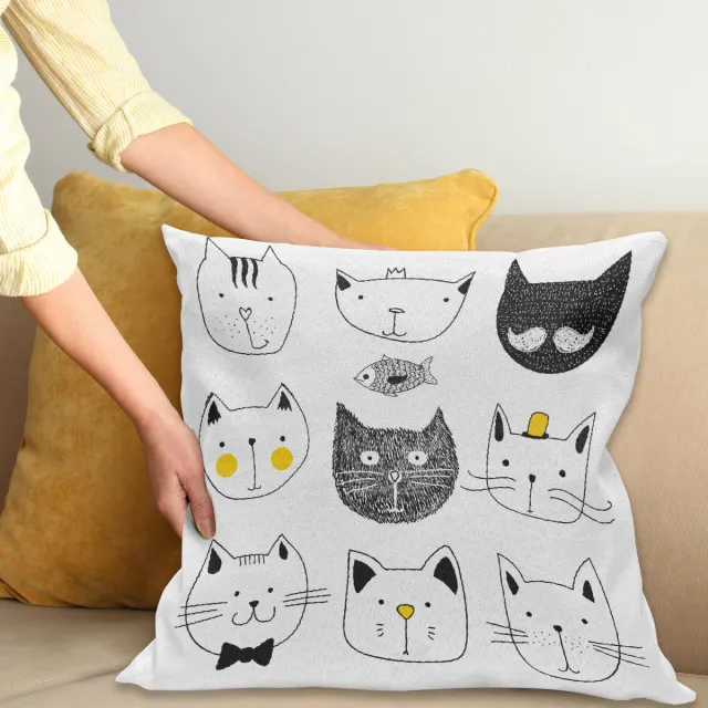 ABAKUHAUS Kat Kussenhoes, Katzen met Vis, Decoratieve Kussenhoes met Dubbelzijdige Print, Ritssluiting, Wasbaar, 50 x 50 cm, Geel Grijs