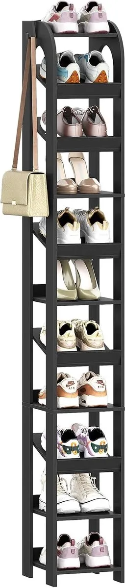 HILINSIE Verticaal schoenenrek, 11 niveaus, smal schoenenrek, houten schoenenorganizer voor kast, ingang, schoentoren voor kleine ruimtes, vrijstaand, verstelbaar, met haken, zwart