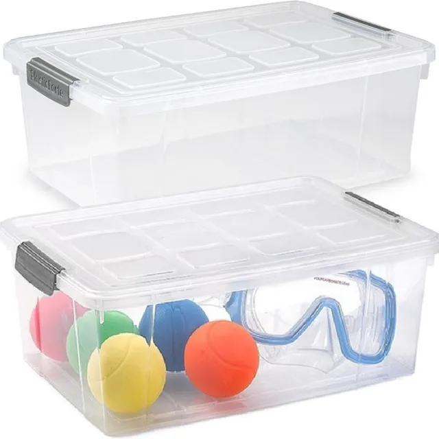 PLASTICFORTE Opslag/opberg bak/box met deksel - 2x - kunststof - 37 x 26 x 14 cm - transparant - 9 liter grijs