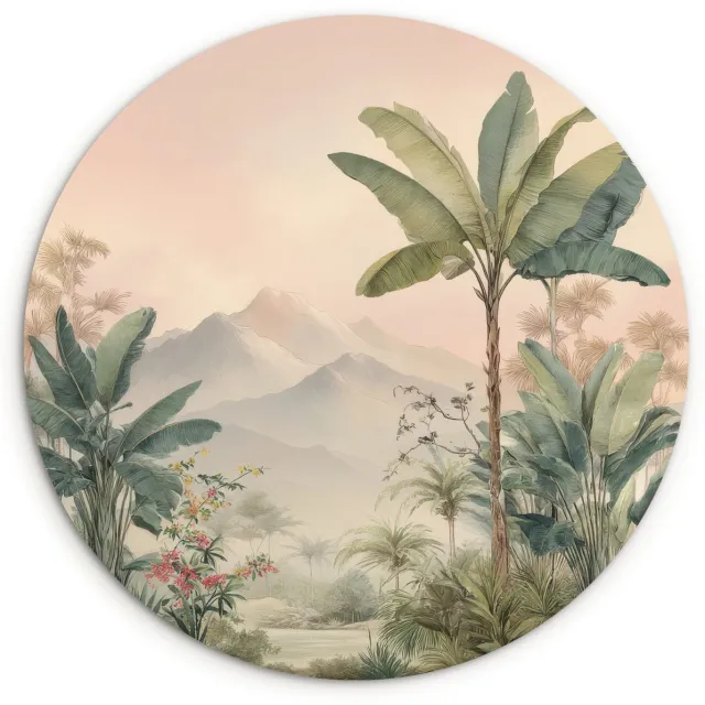 WallCircle Wandcirkel 90x90 cm - Muurcirkel Tropisch landschap - palmbomen - Bloemen - Roze lucht - Muurdecoratie woonkamer - Wanddecoratie slaapkamer - Kamer decoratie accessoires - Ronde schilderijen Tropisch - Landschap