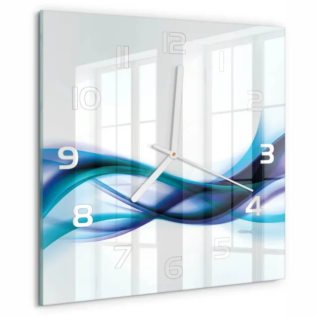 TULUP Wandklok - Golfabstractie Glazen Wandklok Design - 30x30 cm - Blauw Klok Glas Met Opdruk - Witte handen - Vierkante Klok - Wandklok Glas Met Motief - Decoratieve Glazen Klok