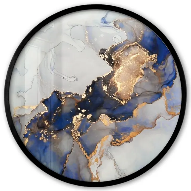 FrameYourWall Poster in lijst Rond - Fotolijst 40x40 cm - Posters - Marmer - Blauw - Goud - Ronde posterlijst zwart - Decoratie - Wanddecoratie woonkamer - Muurdecoratie slaapkamer