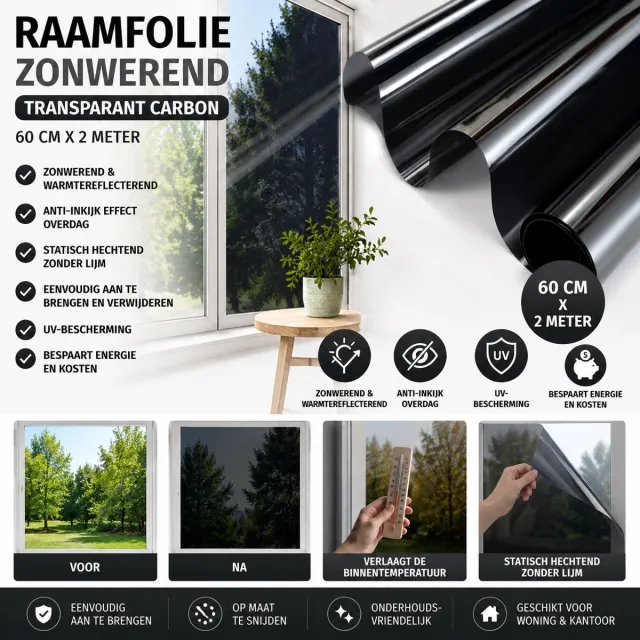 Wicotex Raamfolie Zonwerend - Afmeting 60cm x 2m - Kleur transparant carbon