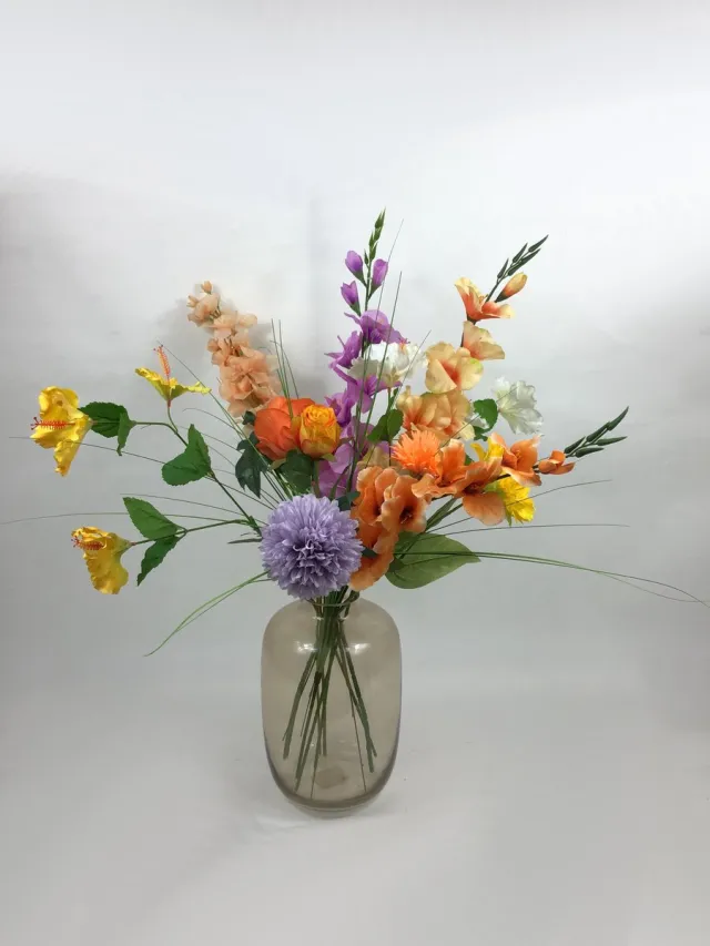 The Bloomistic Company The Bloomistic® – Zijden Boeket – 70-80 cm hoog – Kunstbloemen – moederdag – nepbloemen – housewarming cadeau – decoratie – decoratie woonkamer oranje, geel, paars