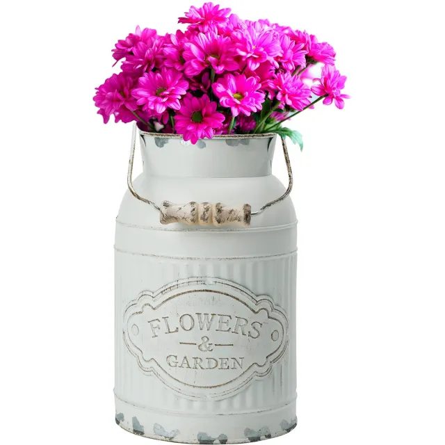 Unyqoos ® Charmante Witte Metalen Bloemenvaas in Vintage Stijl met Houten Handvat voor Landelijke Decoratie